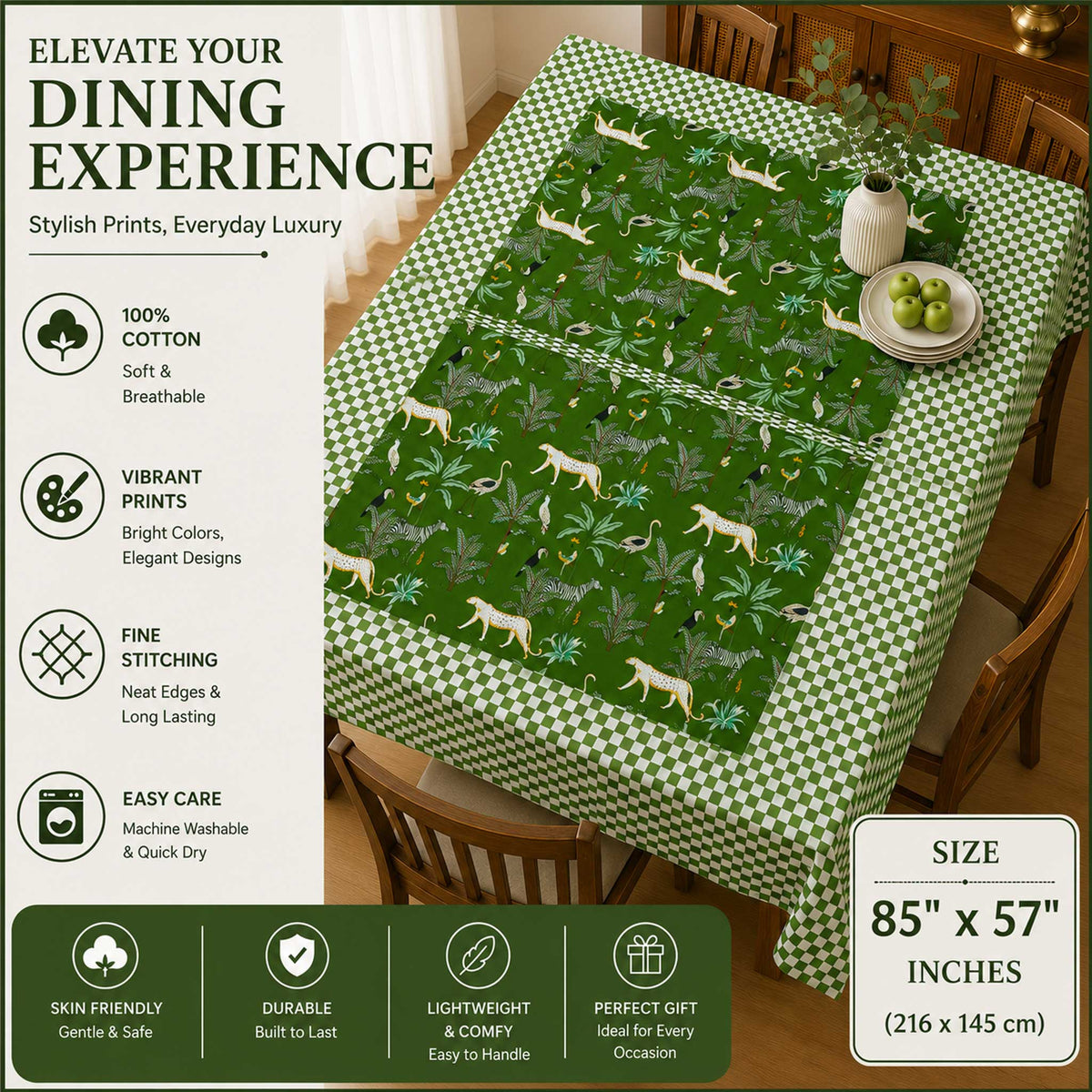 Savana Green Cotton Table Cloth 85 x 57 Inches