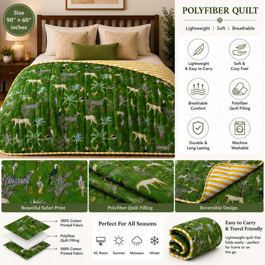 Savana Green Safari Print Quilt 90 x 60 Inches with bag