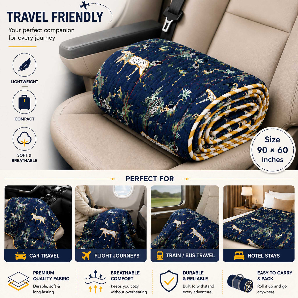 Savana Blue Safari Print Quilt 90 x 60 Inches with bag