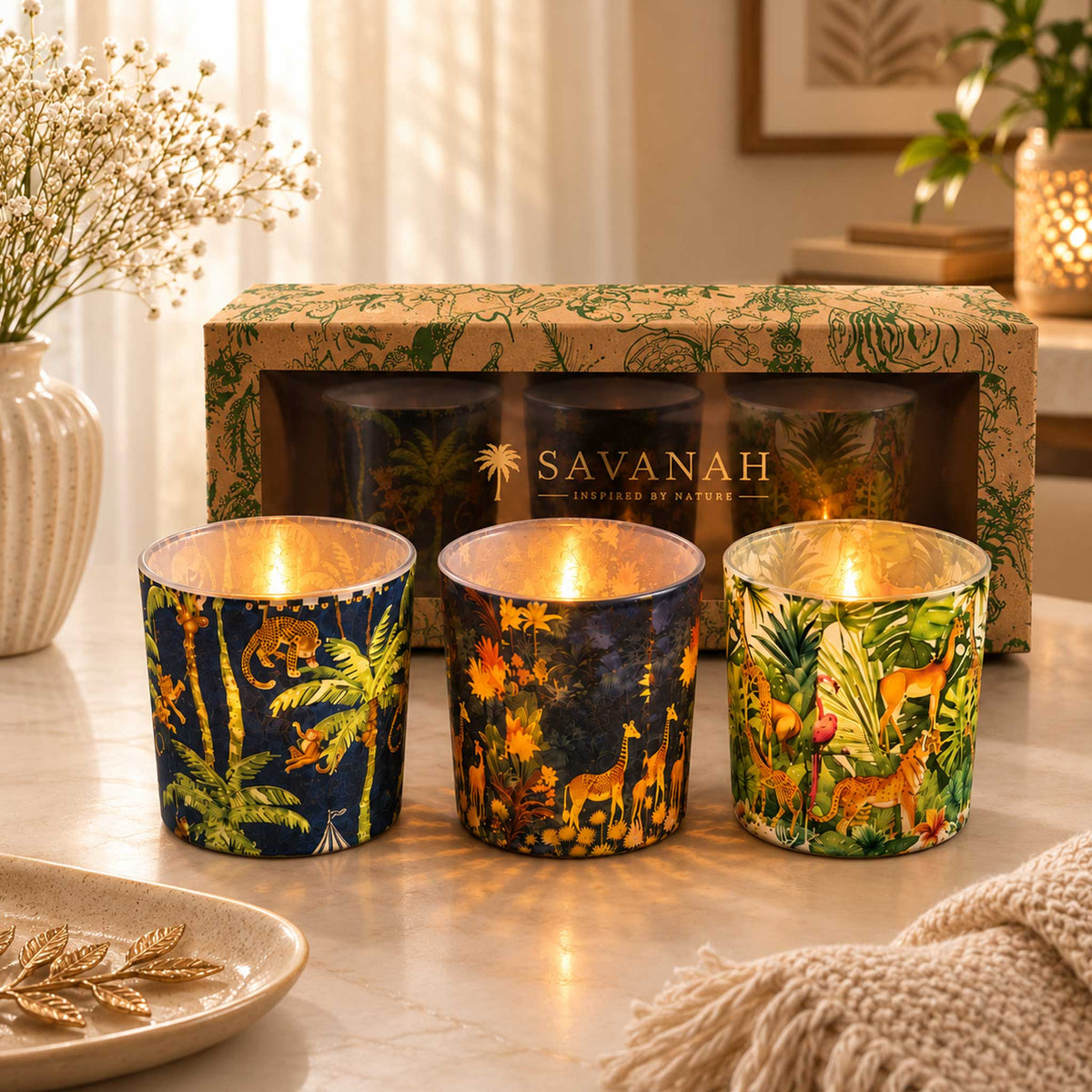 Savanah Print Glass Votive Set of 3 – Tropical Safari