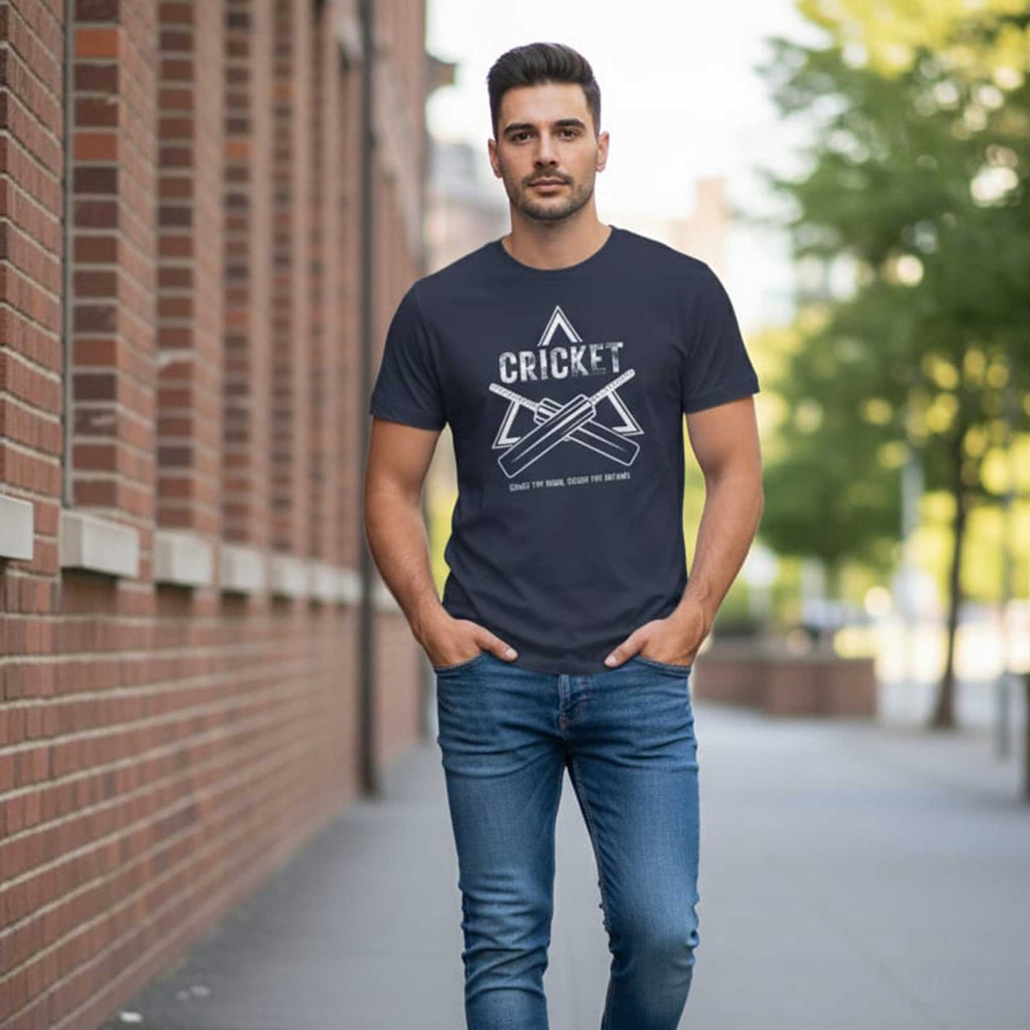 Shastra Sport T-shirt featuring bold cricket bat design and slogan “Chase the runs, crush the dreams