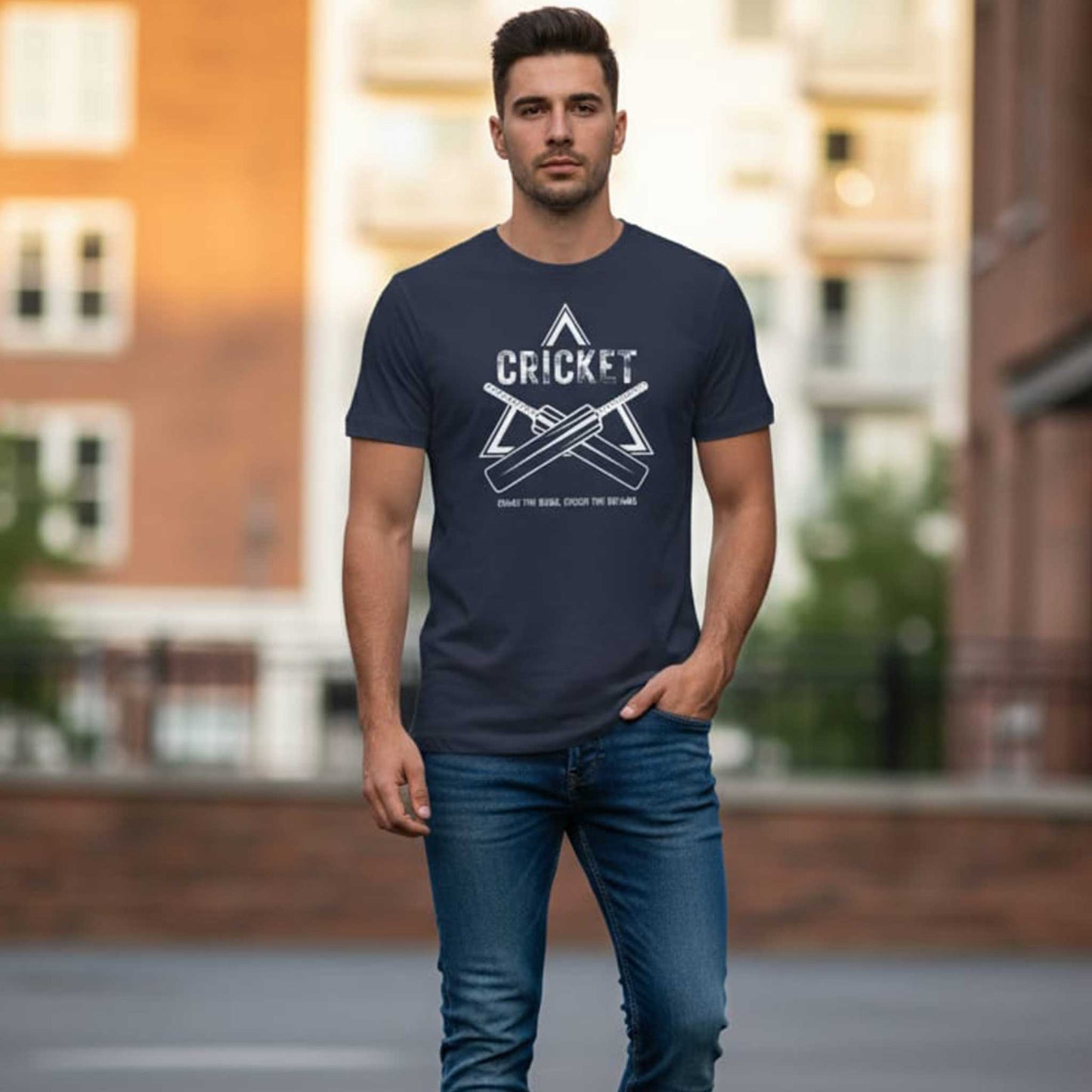 Shastra Sport T-shirt featuring bold cricket bat design and slogan “Chase the runs, crush the dreams