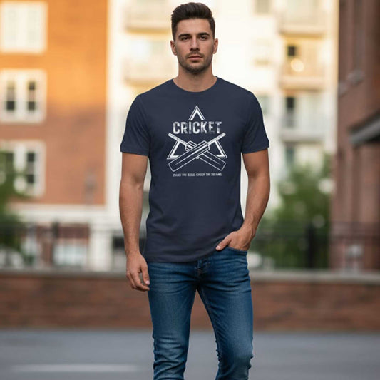 Shastra Sport T-shirt featuring bold cricket bat design and slogan “Chase the runs, crush the dreams