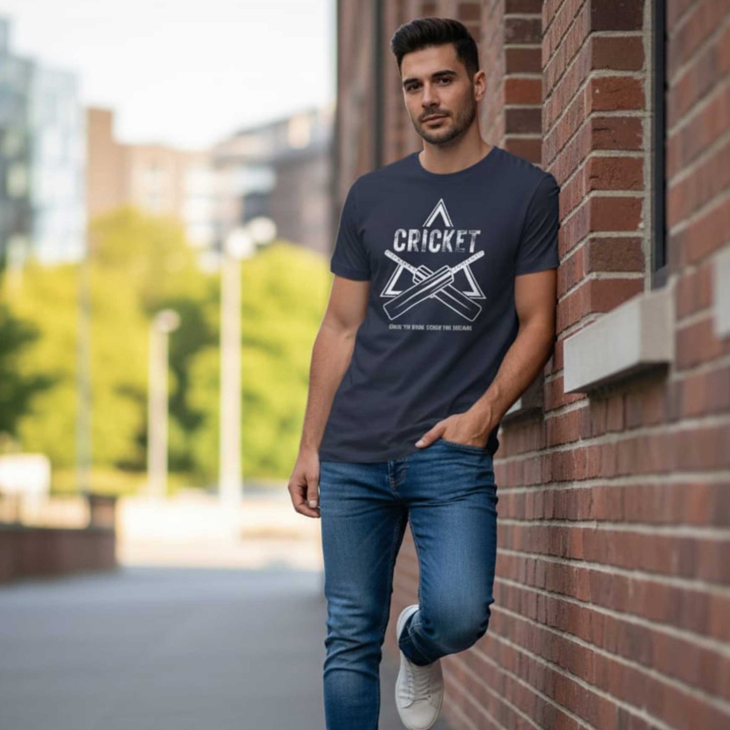 Shastra Sport T-shirt featuring bold cricket bat design and slogan “Chase the runs, crush the dreams