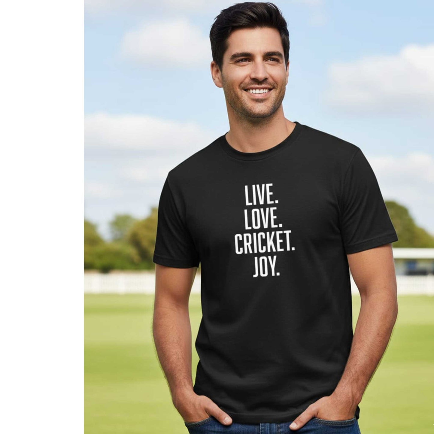 Shastra Sport T-shirt with bold text design “Live. Love. Cricket. Joy.” for true fans