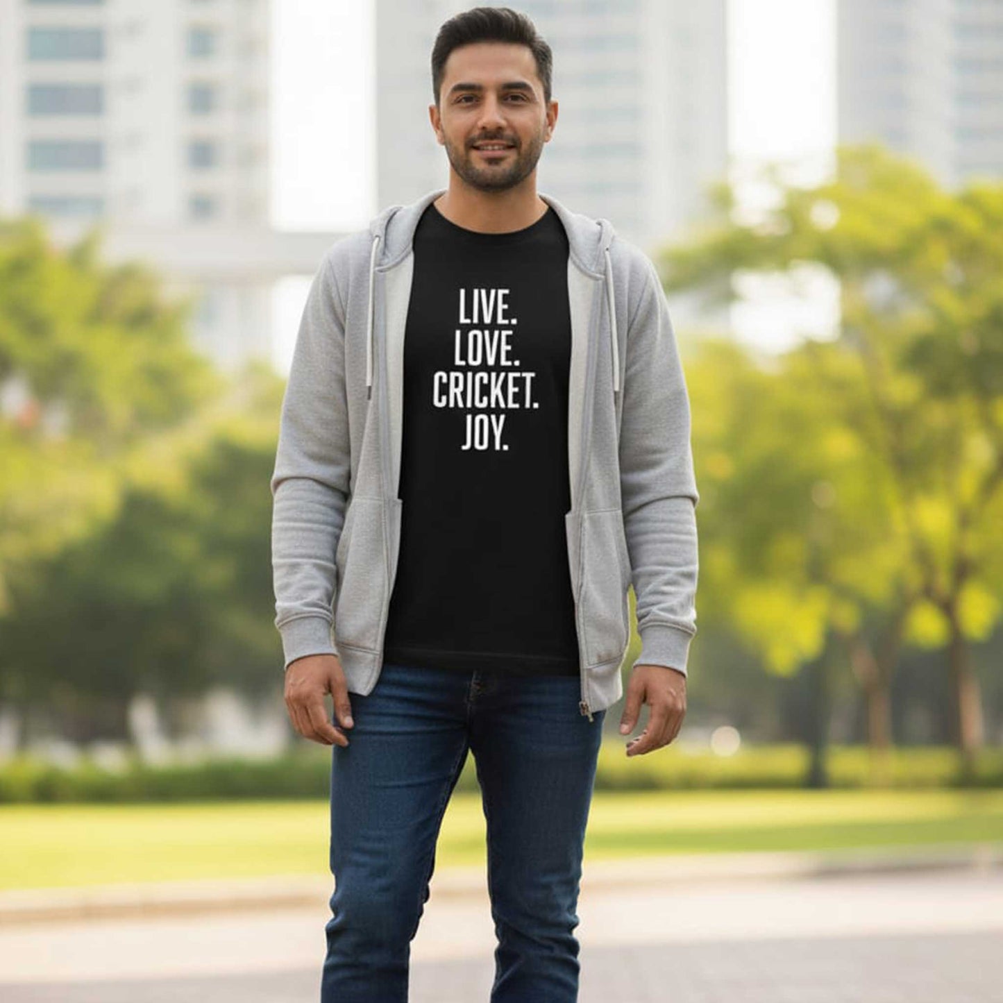 Shastra Sport T-shirt with bold text design “Live. Love. Cricket. Joy.” for true fans
