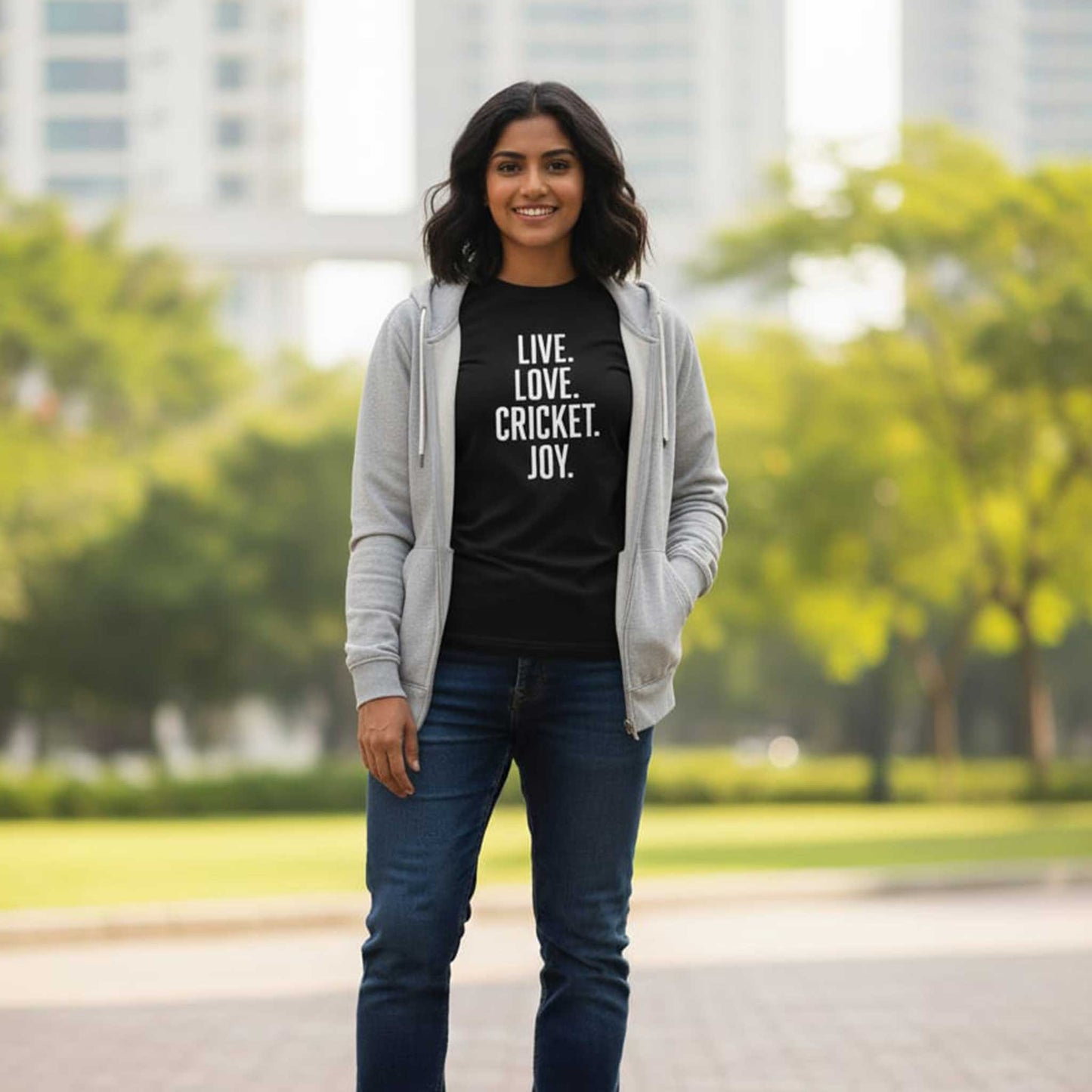 Shastra Sport T-shirt with bold text design “Live. Love. Cricket. Joy.” for true fans